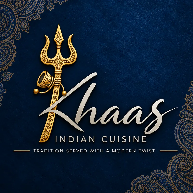 Khaas Indian Cuisine logo — a gold ornate trident with a small dhol drum and the silver script wordmark Khaas on a deep navy paisley ground, over the line Tradition served with a modern twist.
